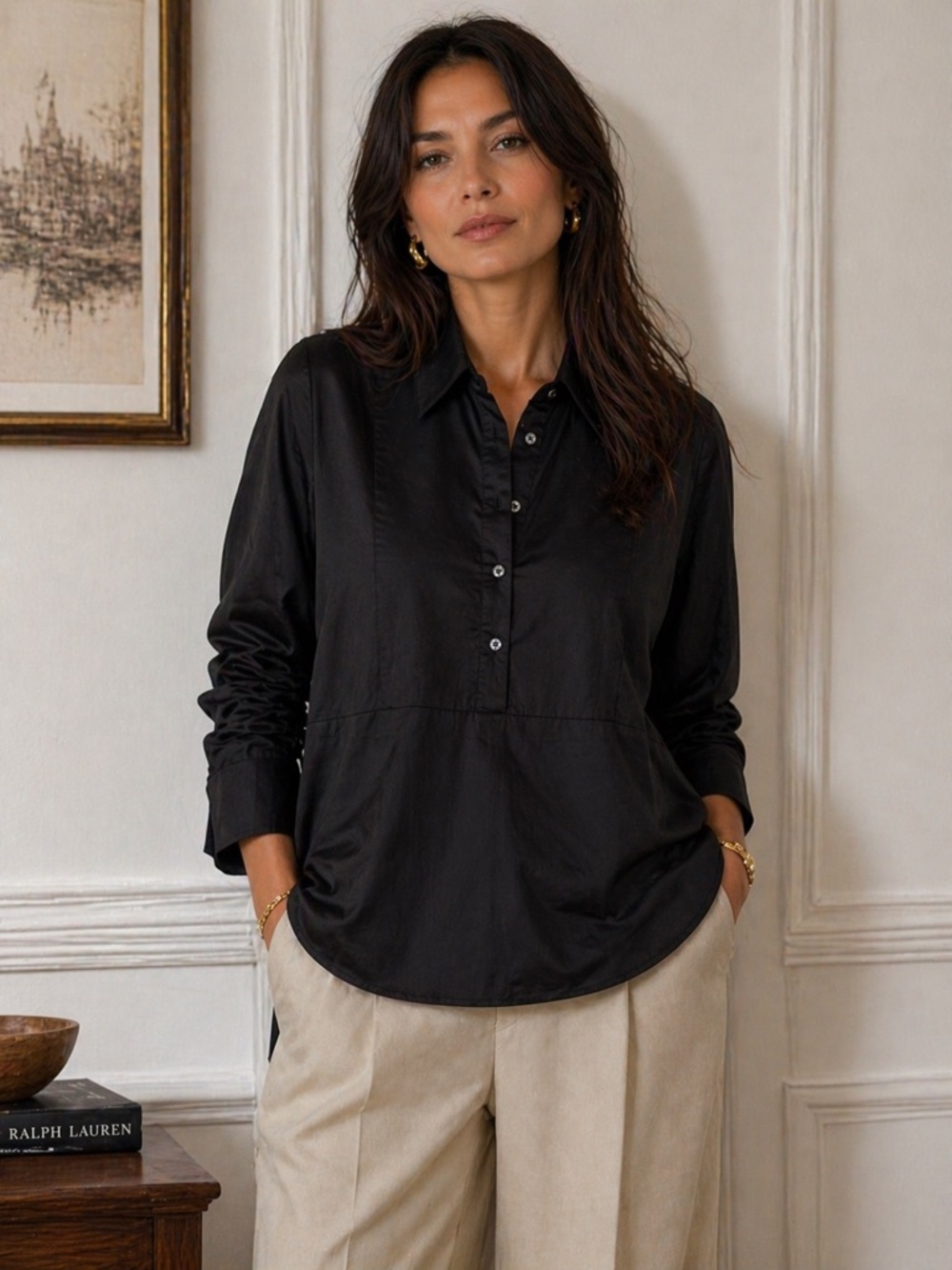NWT Harshman Los Angeles Black Long-Sleeve Button Pullover Cotton Shirt Medium